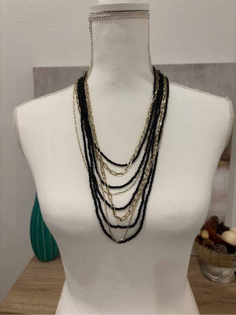Layered Black and Gold Multi-Strand Necklace
